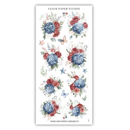 The image is a collage of various floral arrangements, including hydrangeas, roses, and other flowers, along with butterflies and stars. The collage is titled "Fleur Paper Studio" and includes a list of "Stairs and Stripes" bouquets.