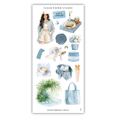 various objects and scenes related to a "Gentle Morning" theme, including a woman, a plate of food, a cup, a hat, a basket, a book, a vase, a plant, and a bird.