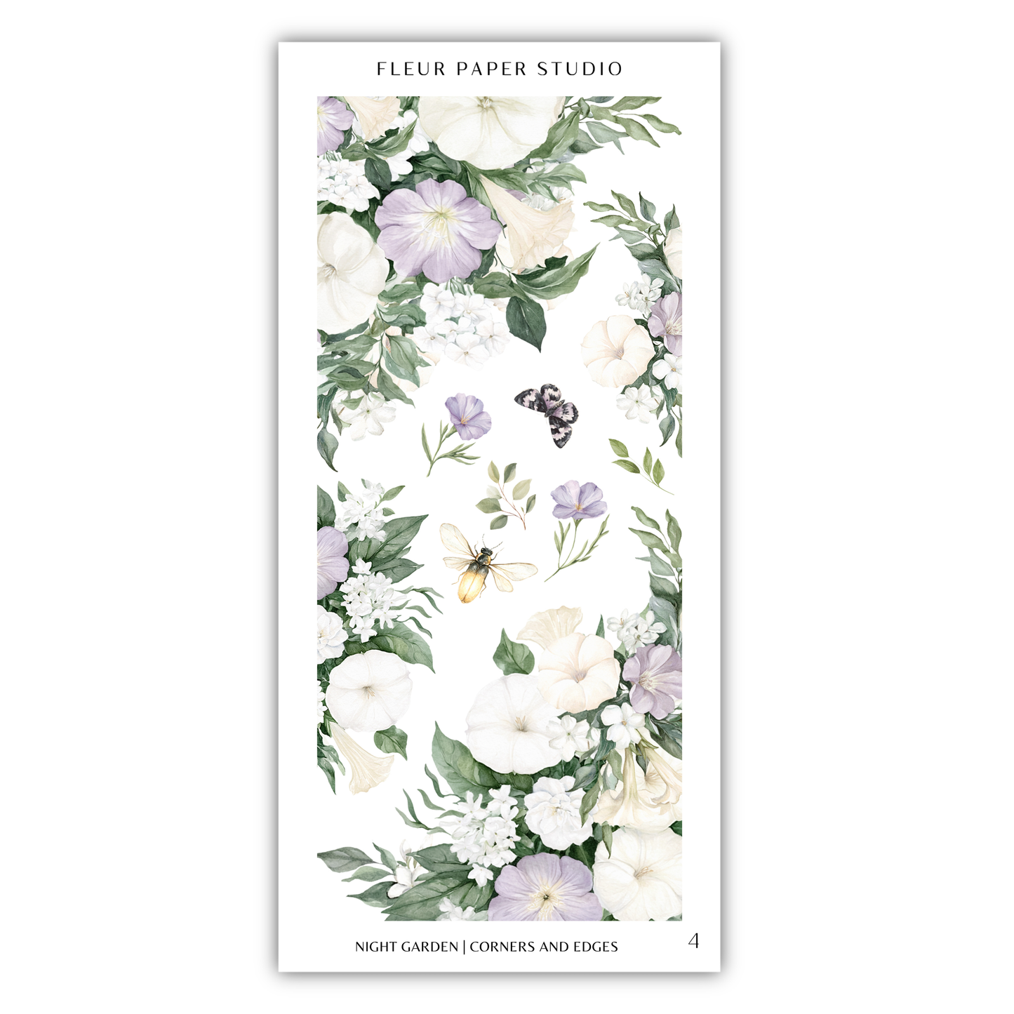 The image is a floral pattern featuring various flowers, leaves, and butterflies.