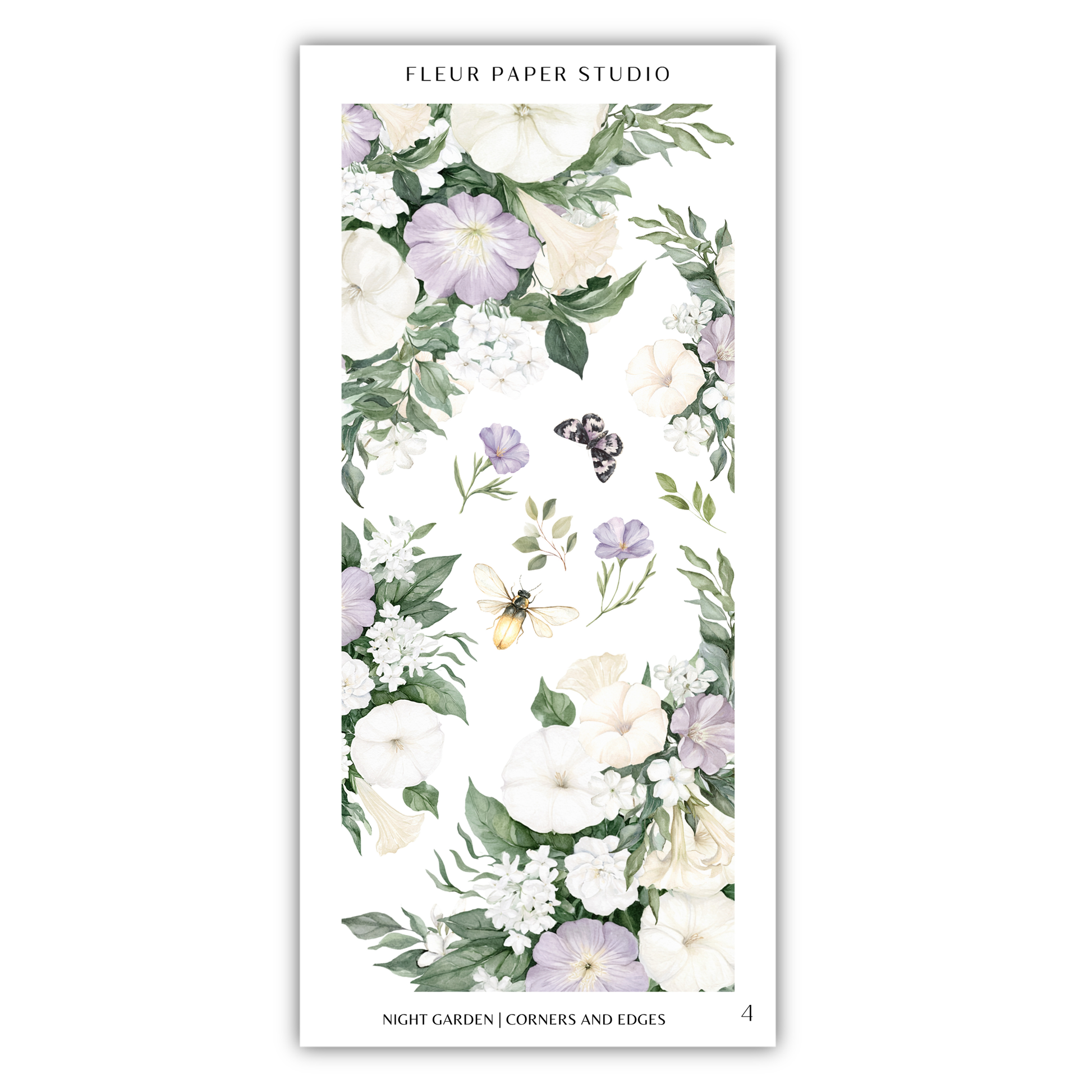 The image is a floral pattern featuring various flowers, leaves, and butterflies.