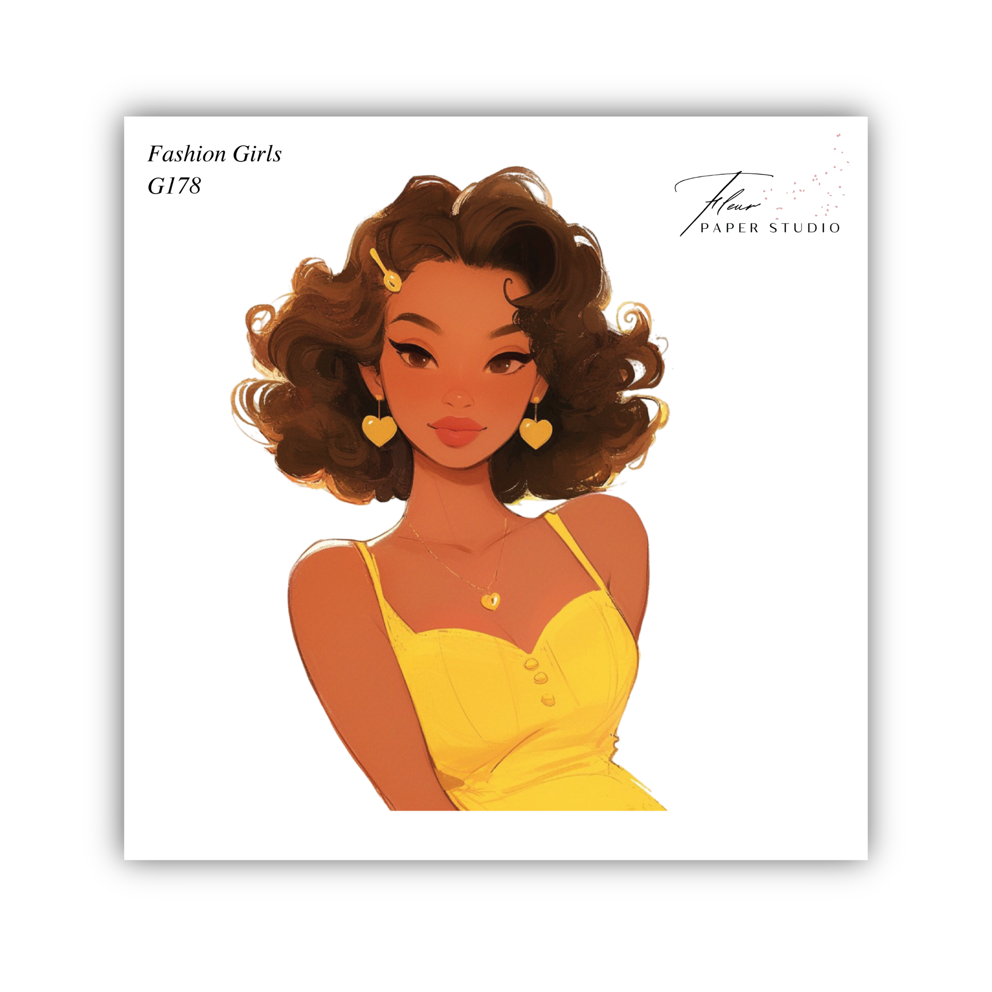 The image is a stylized illustration of a woman with curly hair wearing a yellow dress.