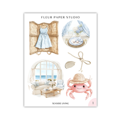 The image is a collage of various objects and scenes related to seaside living, including a dress, a window, a table, a vase, a hat, and a crab.