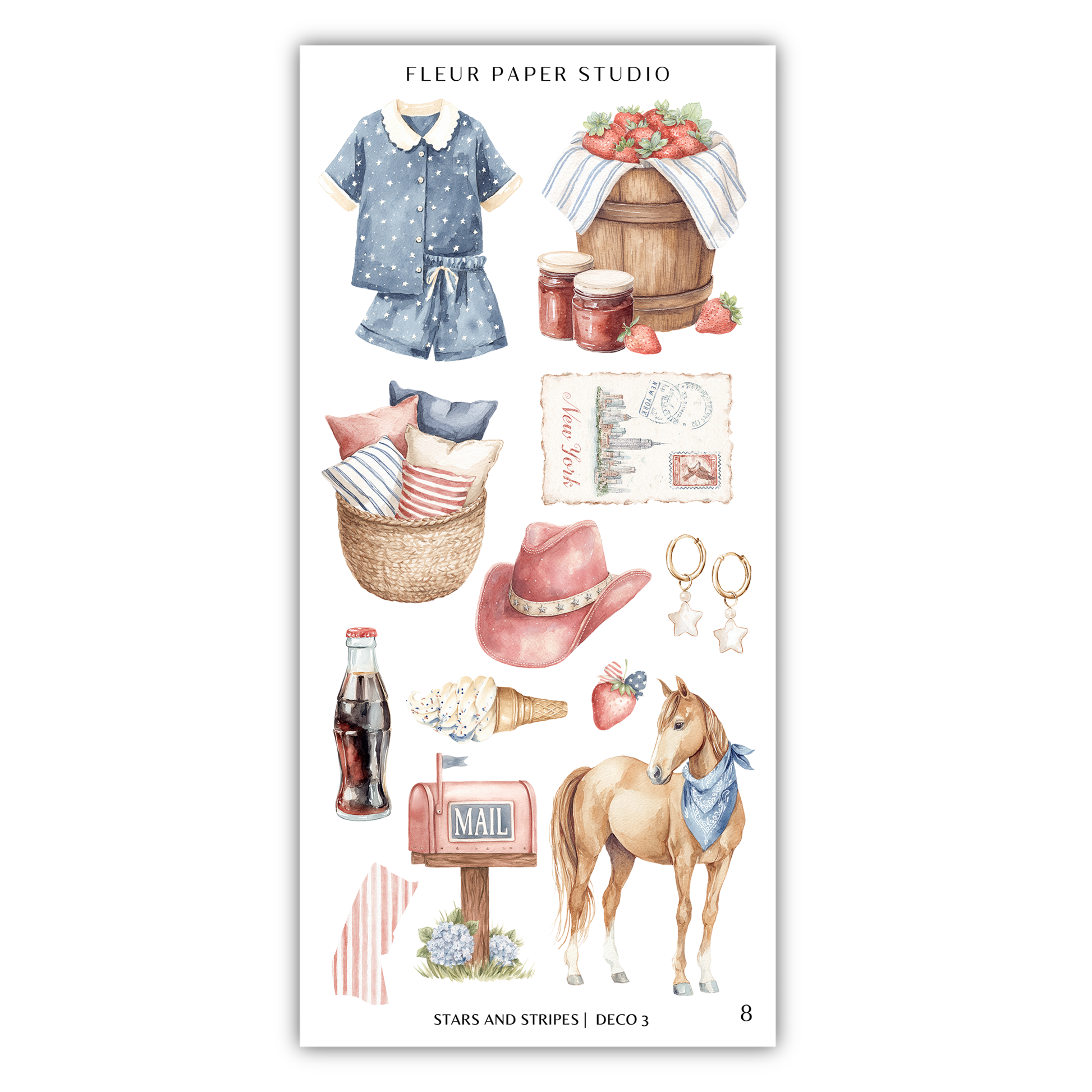 various objects and illustrations related to the theme of "STARS AND STRIPES", including clothing, a basket, a hat, a bottle, a horse, and a mailbox.