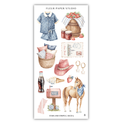 various objects and illustrations related to the theme of "STARS AND STRIPES", including clothing, a basket, a hat, a bottle, a horse, and a mailbox.