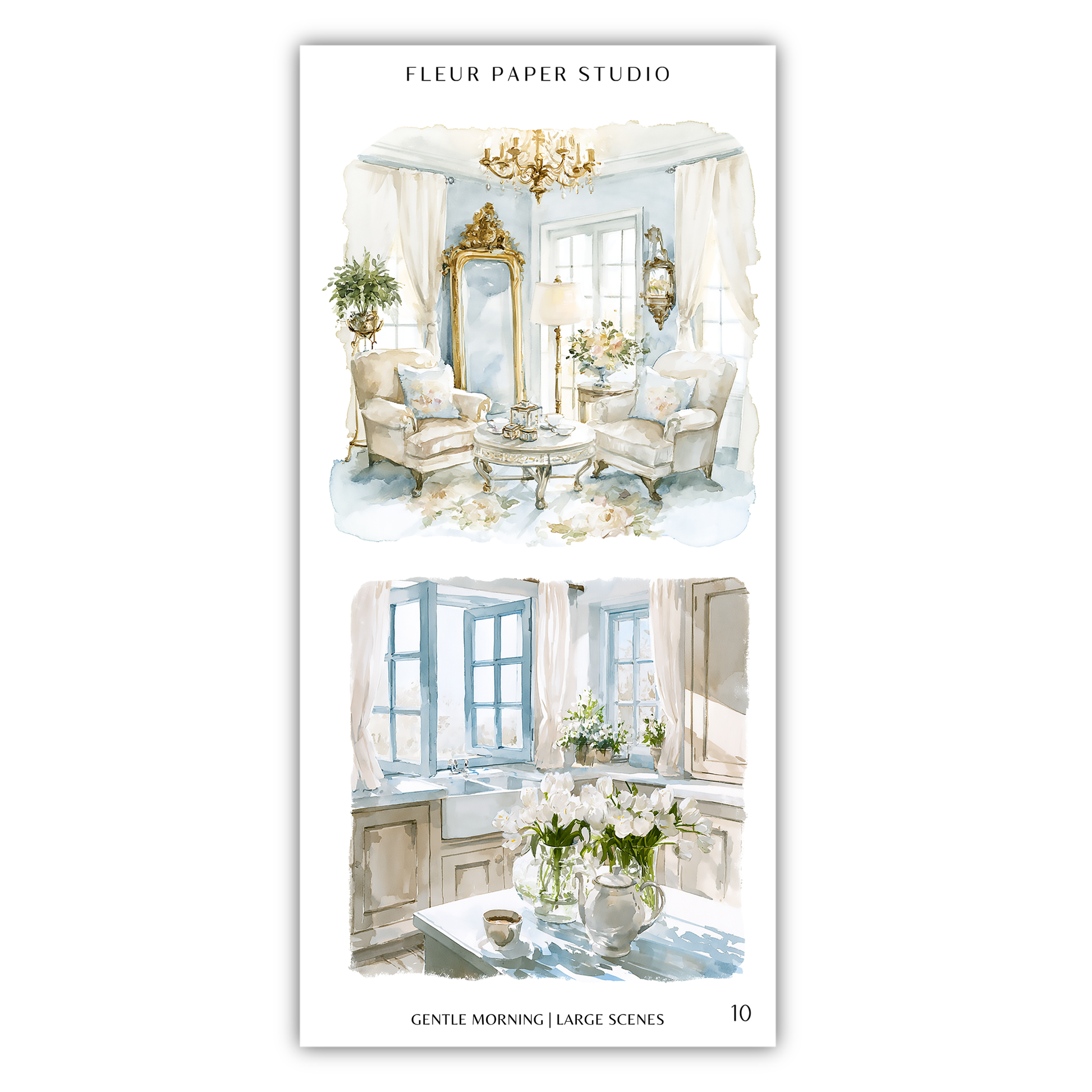 The image is a collage of two scenes from a living room and a kitchen, both featuring elegant and delicate decor elements such as floral arrangements, vases, and potted plants.
