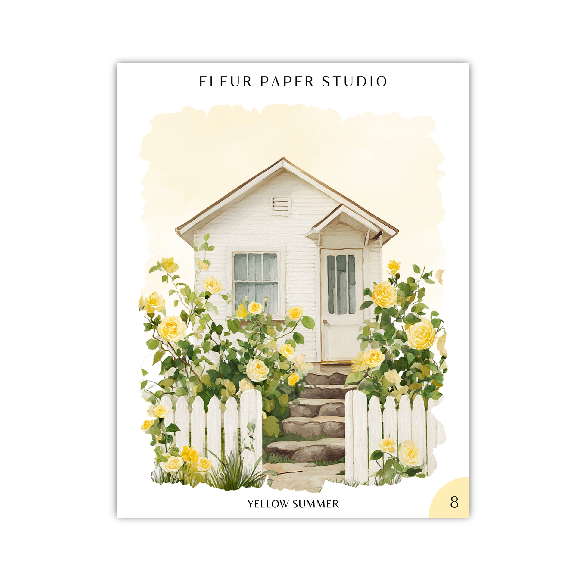 A white house with a yellow door and a white picket fence, surrounded by yellow flowers, is depicted in the image.