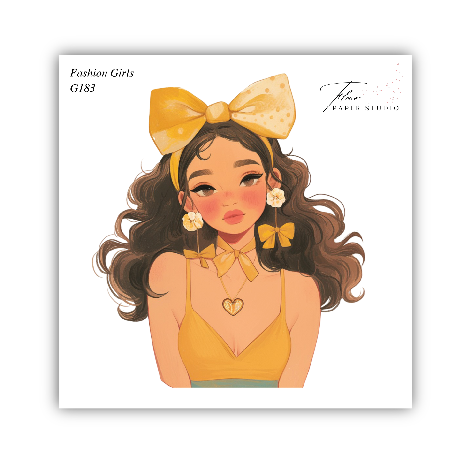 A stylized illustration of a young woman with long, curly hair wearing a yellow dress and a large yellow bow. She has a pensive expression on her face.