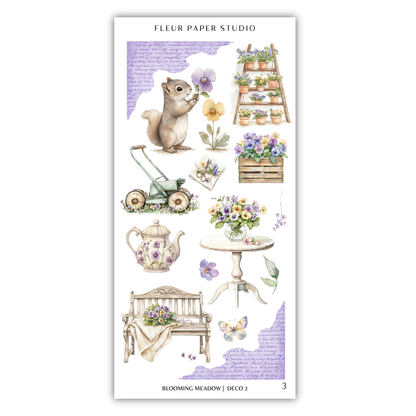 The image is a collage of various objects and scenes related to the theme of "Blooming Meadow" from the "Deco 2" series. It includes a squirrel, a ladder, a teapot, a vase of flowers, a table, a bench, and a basket of flowers. The objects are arranged in a visually appealing manner, showcasing the different elements of the "Blooming Meadow" theme.