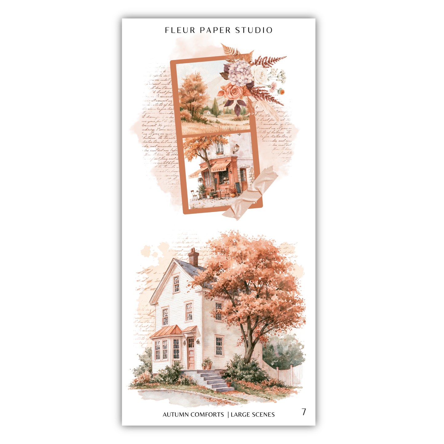 The image is a collage of two scenes depicting a house surrounded by trees with autumn foliage. The top scene shows a house with a porch, while the bottom scene depicts a tree with orange leaves.