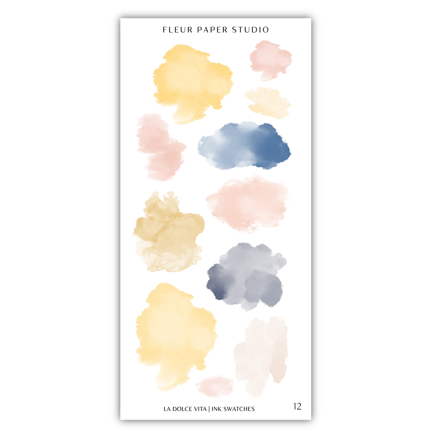 a collection of abstract watercolor brush strokes in various colors, including yellow, pink, blue, and gray. The text "FLÉR PAPER STUDIO" is visible, indicating the source or brand of the image.