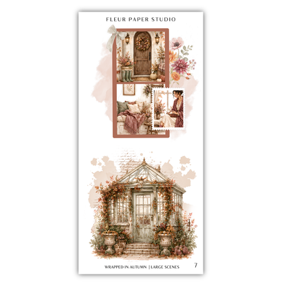 The image is a collage of various scenes, including a house, a person, and floral arrangements, all set against a backdrop of autumn foliage.