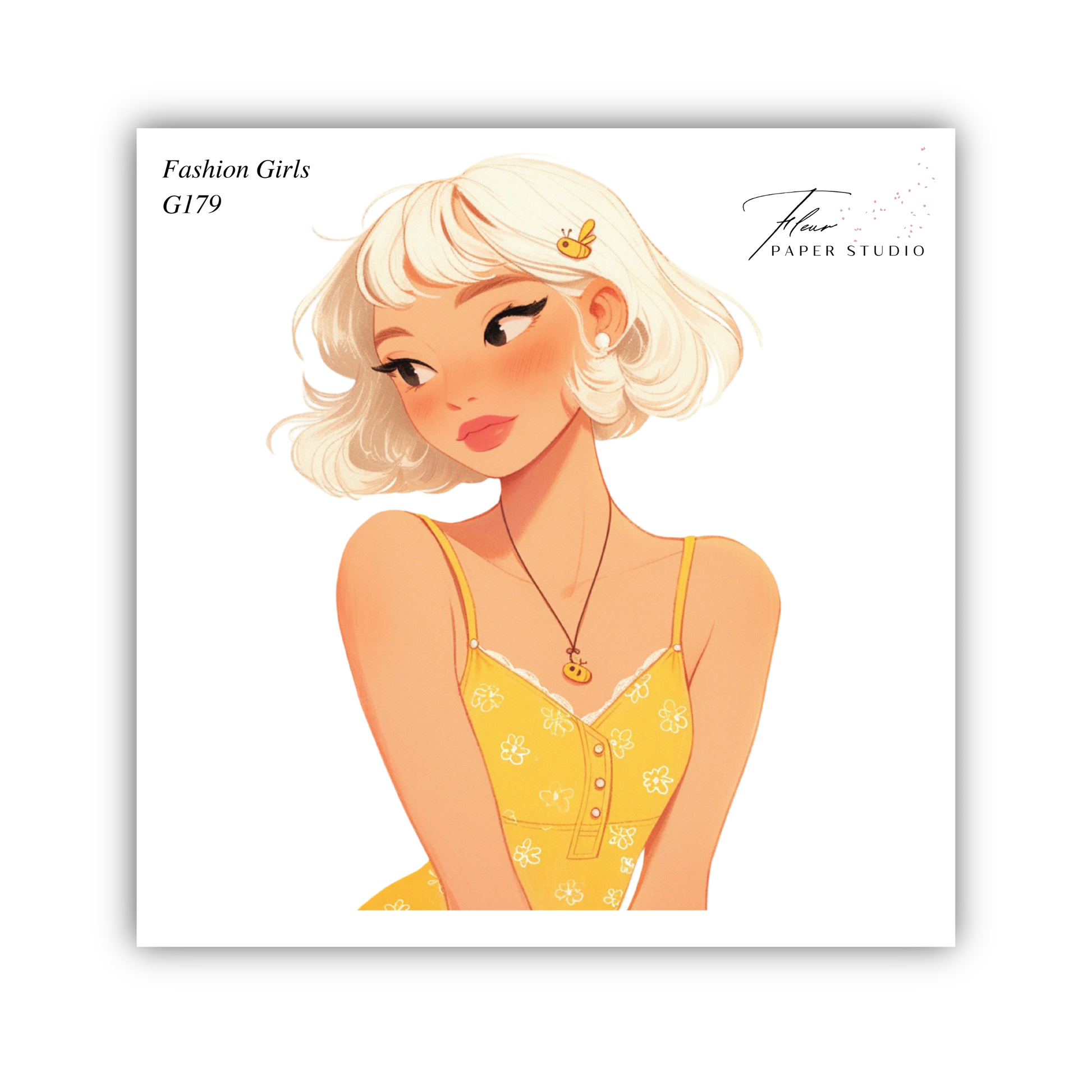 A stylized illustration of a young woman with blonde hair and a yellow dress, with a pensive expression on her face.