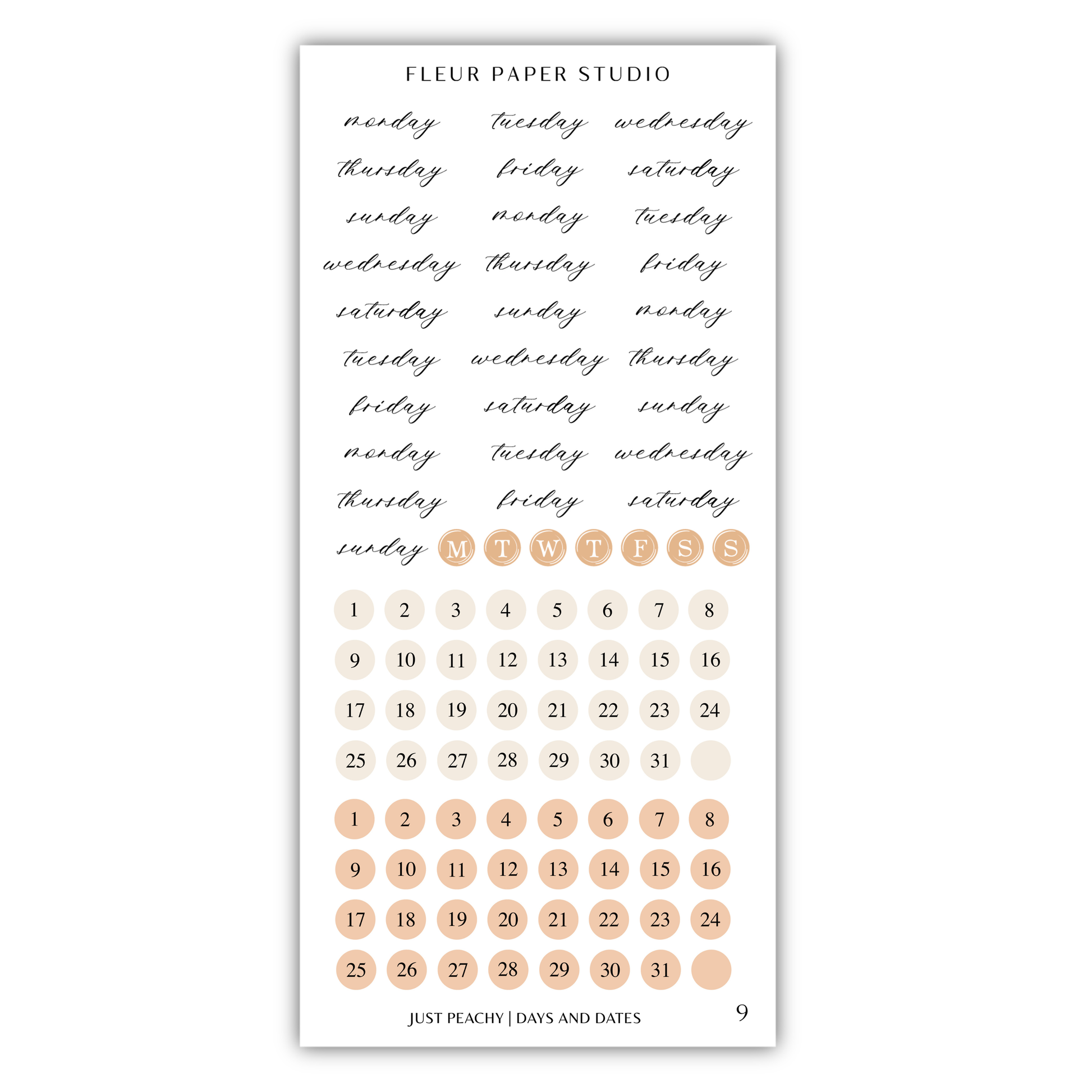 The image is a calendar and sticker set for the Fleur Paper Studio, featuring a calendar with days of the week and a set of stickers with dates.