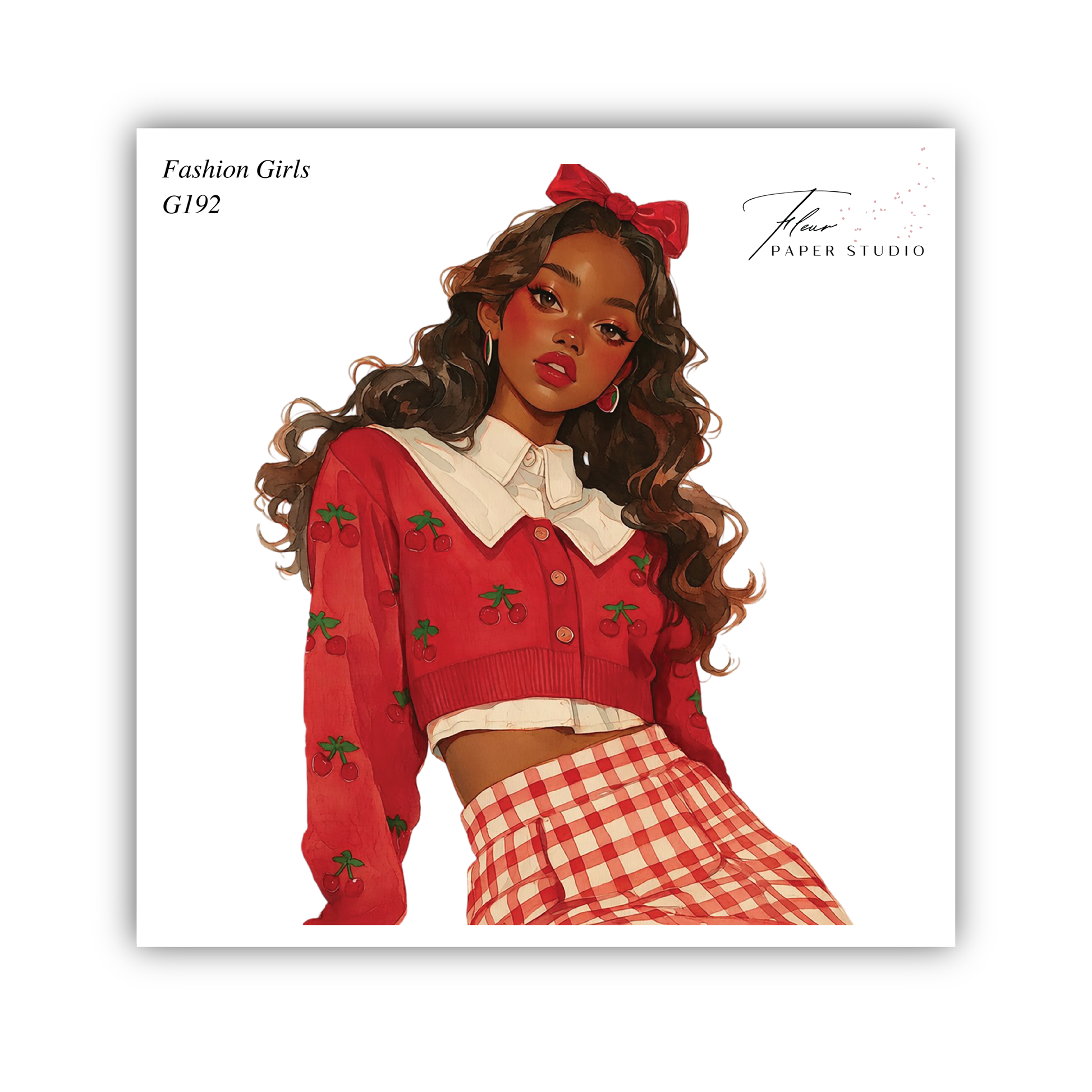 A stylized illustration of a young woman with long, curly hair wearing a red sweater with green cherries, a white collared shirt, and a red and white plaid skirt.