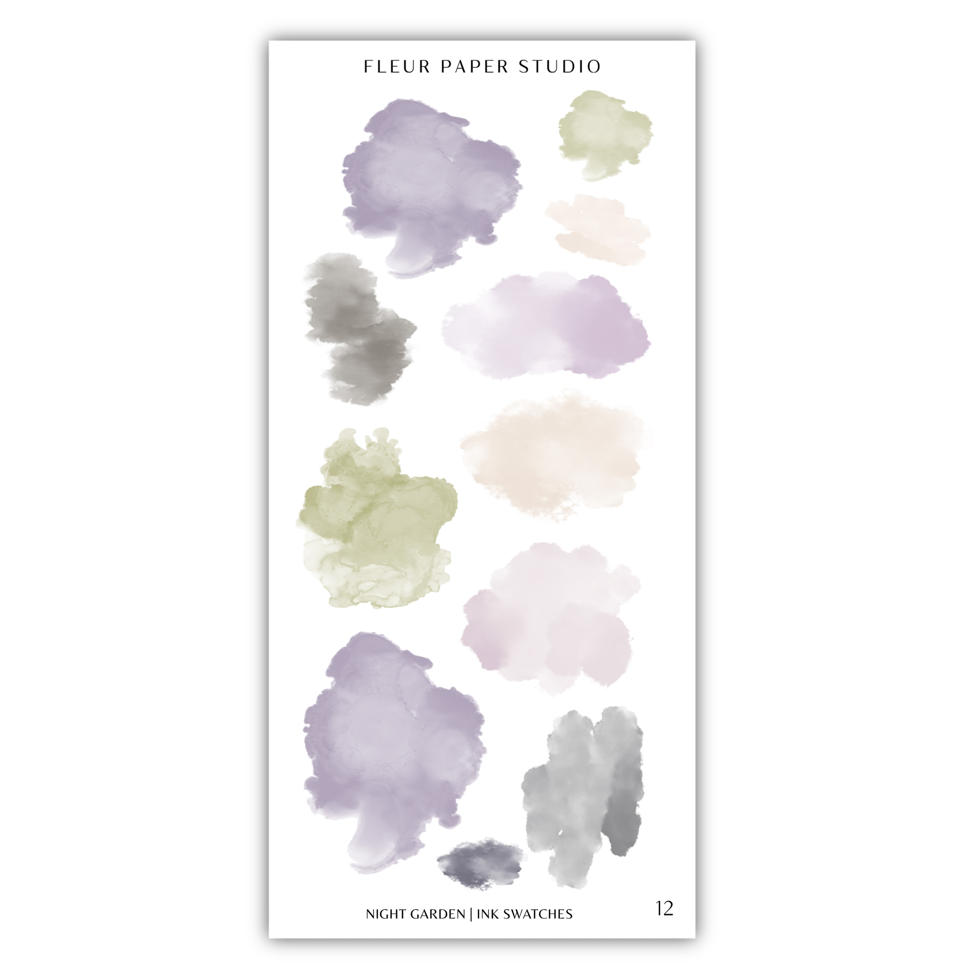 The image is a collection of abstract watercolor brush strokes in various shades of purple, green, and gray, arranged in a vertical format.