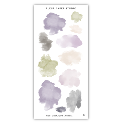 The image is a collection of abstract watercolor brush strokes in various shades of purple, green, and gray, arranged in a vertical format.