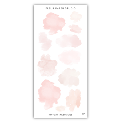 a collection of watercolor-style brushstrokes in various shades of pink and peach, arranged in a grid-like pattern.