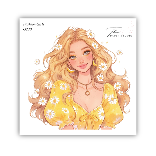 A stylized illustration of a young woman with long, flowing blonde hair and a yellow dress adorned with white flowers.