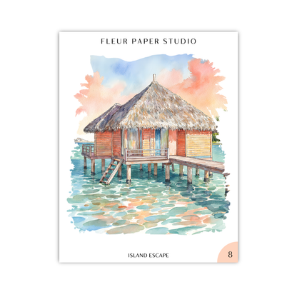 A watercolor painting of a thatched-roof hut on stilts, situated on a wooden pier in a tropical setting with a blue sky and water in the background.