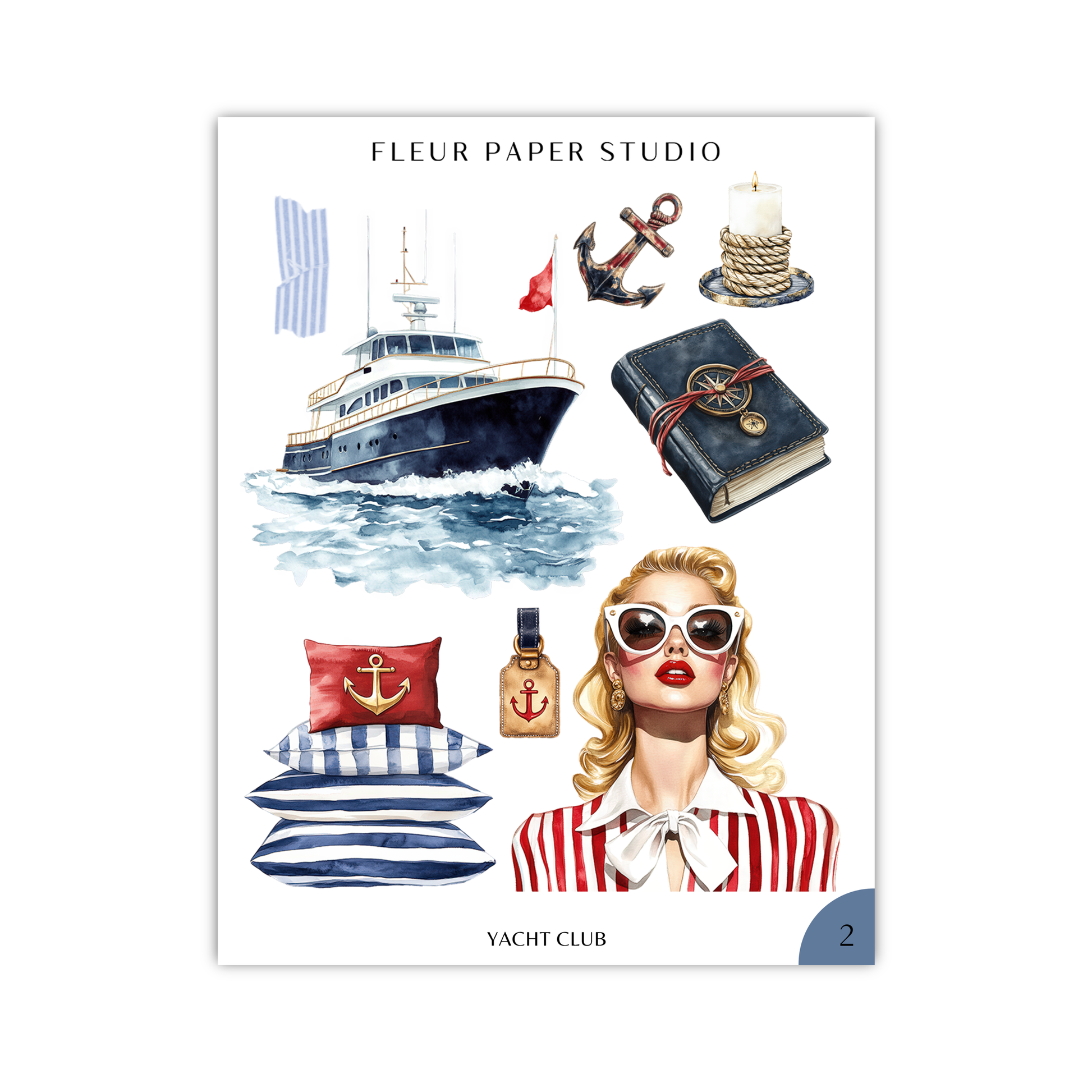 The image is a collage of various nautical and fashion-related elements, including a boat, a woman with sunglasses, and other decorative items.
