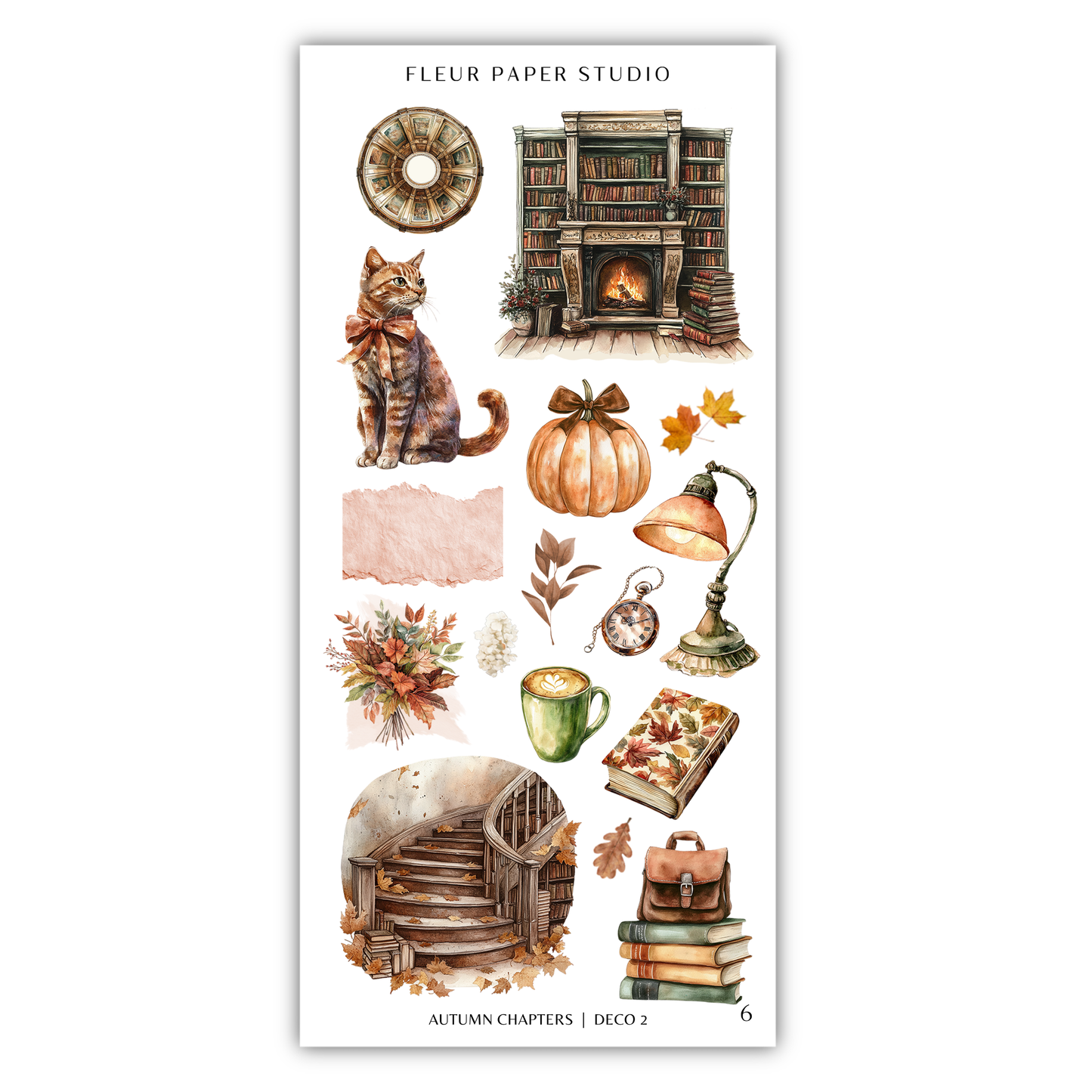 The image is a collection of various autumn-themed items, including a fireplace, books, pumpkins, flowers, and other decorative objects.