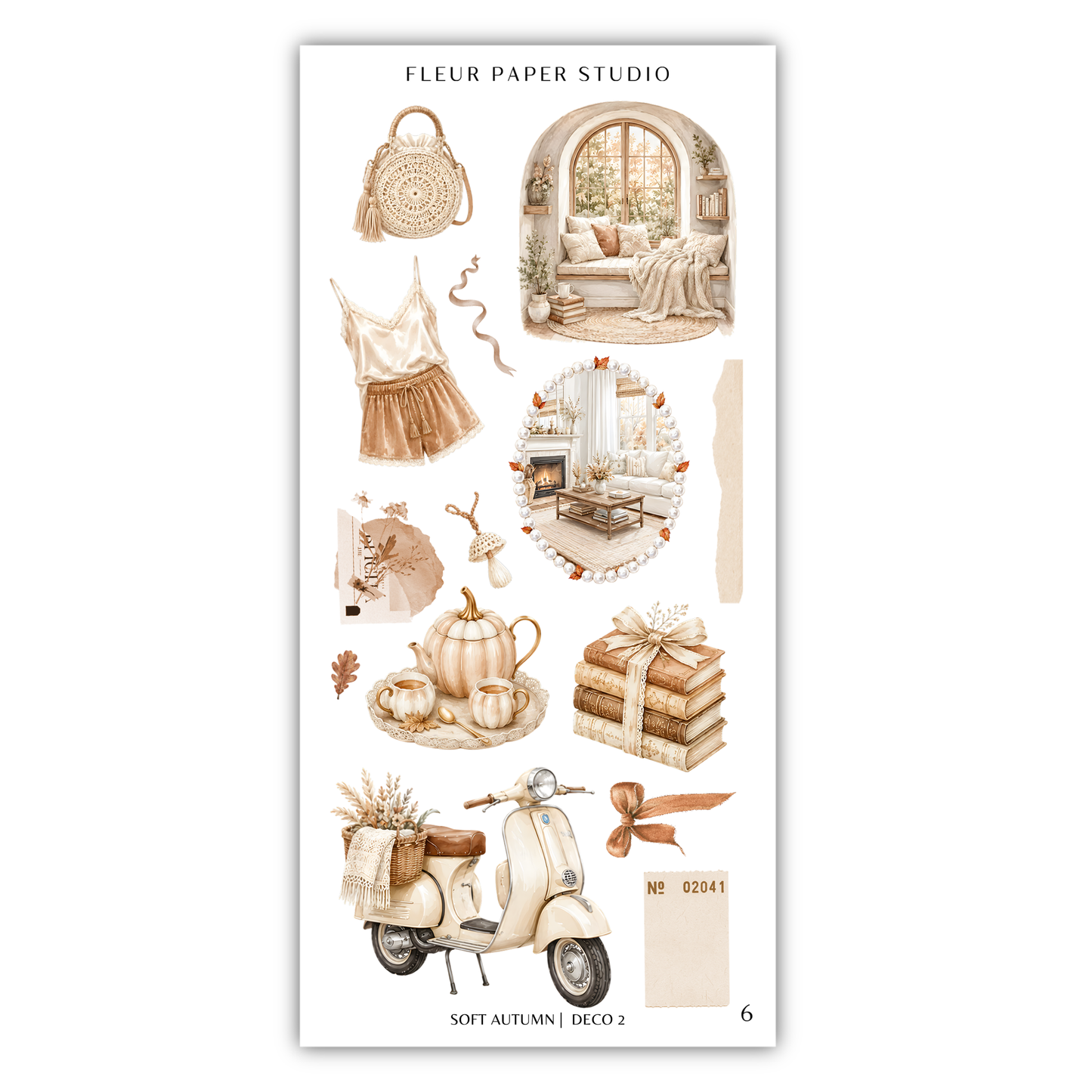 various decorative items and scenes related to autumn, such as a handbag, a fireplace, a vase, a book, a pumpkin, a teapot, a basket of pumpkins, a scarf, a bow, a motorcycle, and a stack of books.