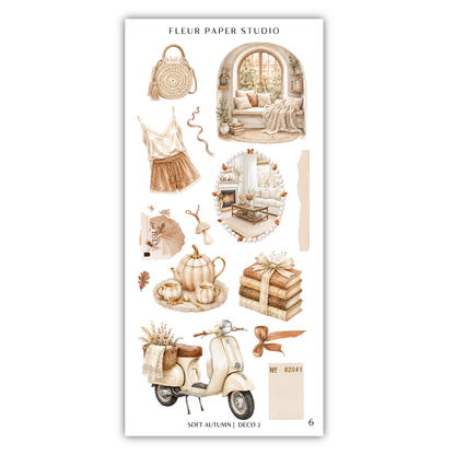various decorative items and scenes related to autumn, such as a handbag, a fireplace, a vase, a book, a pumpkin, a teapot, a basket of pumpkins, a scarf, a bow, a motorcycle, and a stack of books.