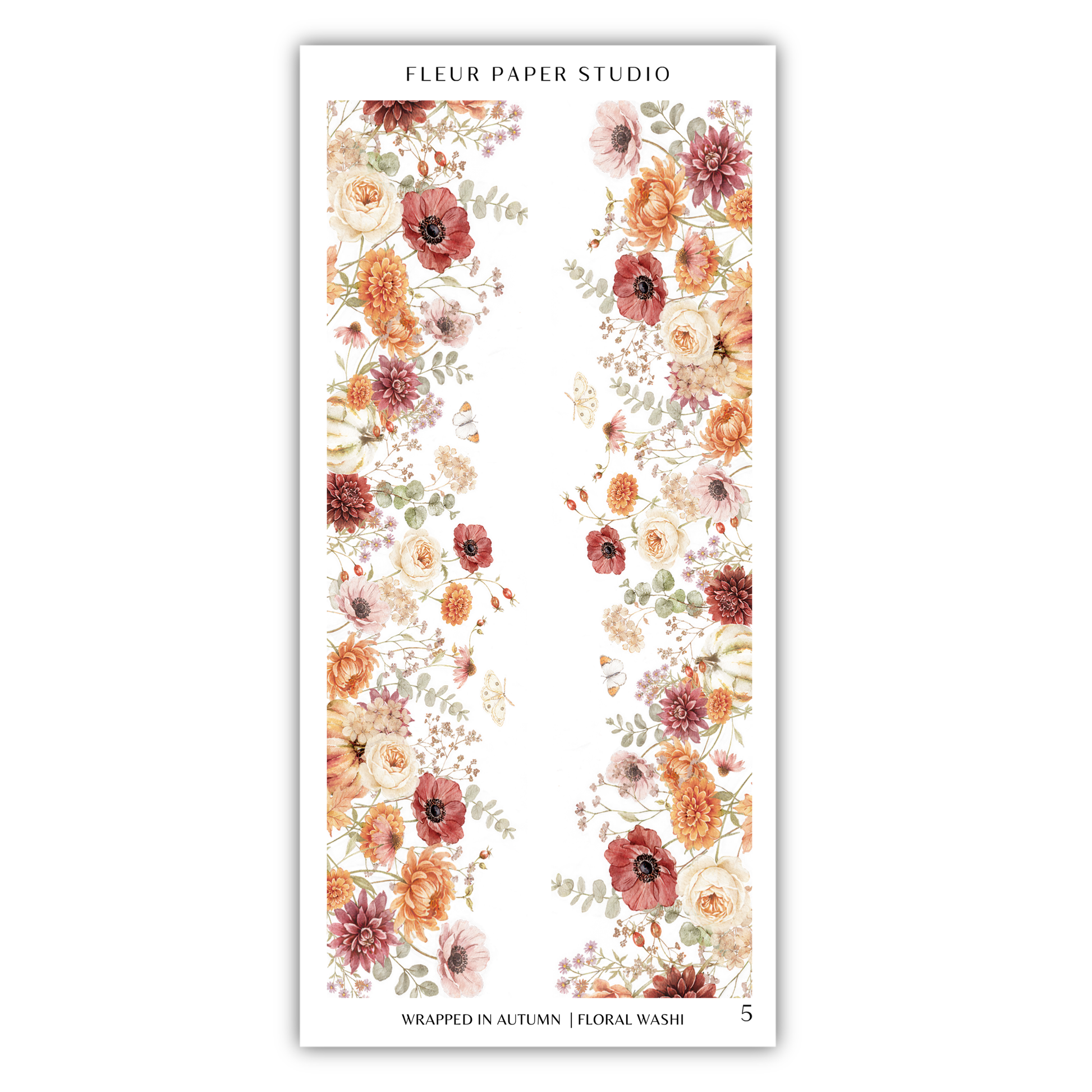 a floral pattern with various flowers and leaves arranged in a vertical orientation.