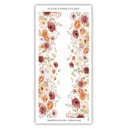 a floral pattern with various flowers and leaves arranged in a vertical orientation.
