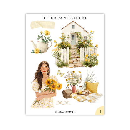 The image is a collage of various elements related to the theme of "Yellow Summer", including a woman holding flowers, a house with a garden, and other summer-related objects such as a teapot, vases, and a picnic blanket.