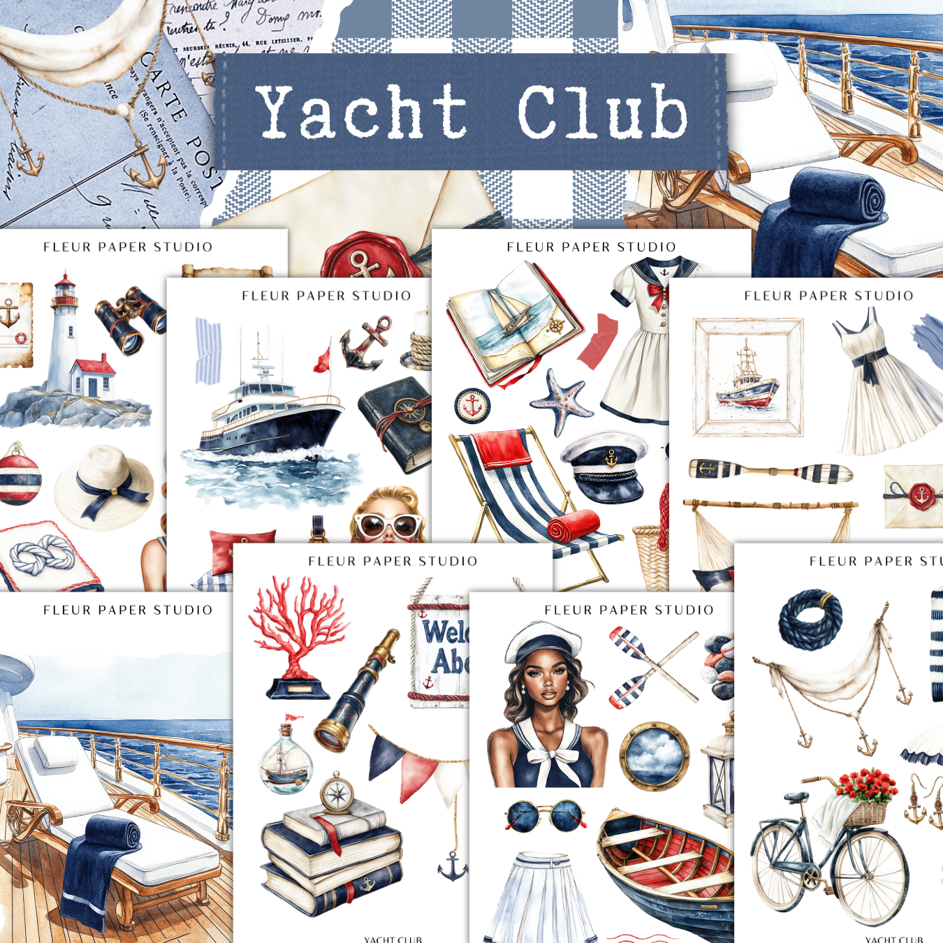 The image is a collage of various nautical and maritime-themed illustrations, including a lighthouse, a boat, a dress, a hat, a book, a bicycle, and a woman.