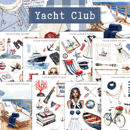 The image is a collage of various nautical and maritime-themed illustrations, including a lighthouse, a boat, a dress, a hat, a book, a bicycle, and a woman.