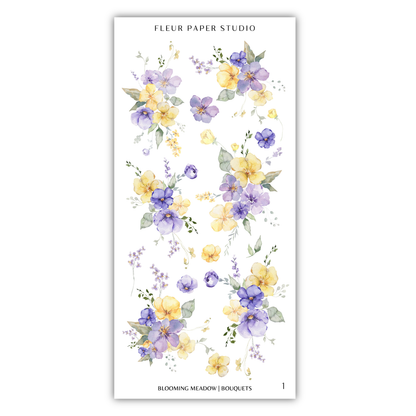 The image is a collage of various watercolor floral designs, including different types of flowers and leaves in shades of purple, yellow, and green.