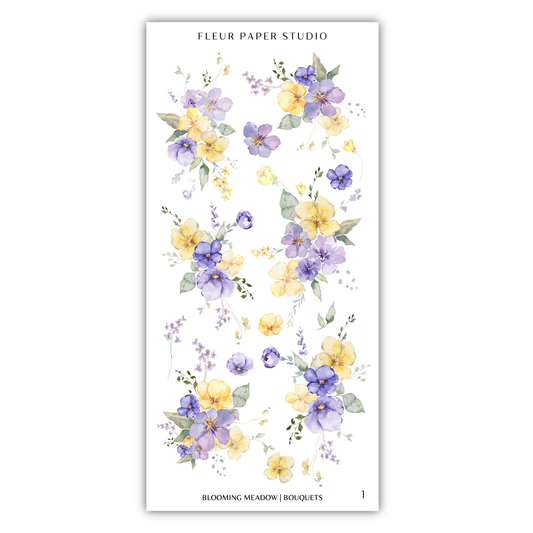 The image is a collage of various watercolor floral designs, including different types of flowers and leaves in shades of purple, yellow, and green.