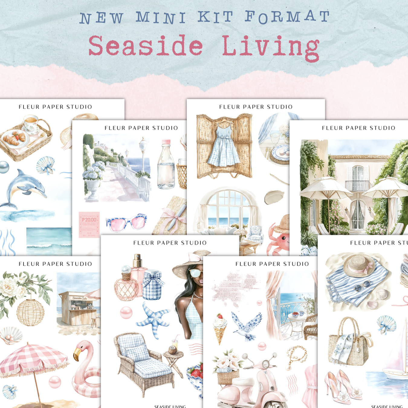 The image is a collage of various illustrations and objects related to "Seaside Living", including beach scenes, beach umbrellas, flowers, and other beach-related items.