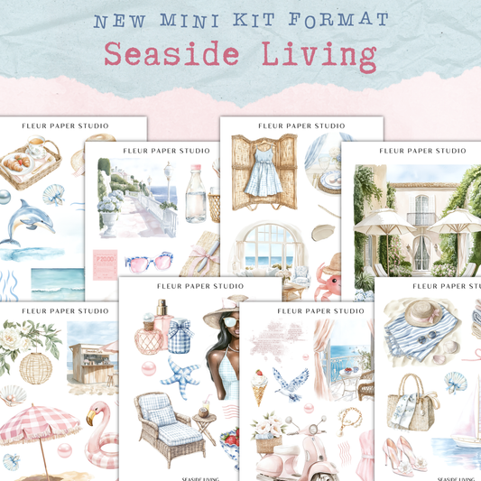 The image is a collage of various illustrations and objects related to "Seaside Living", including beach scenes, beach umbrellas, flowers, and other beach-related items.