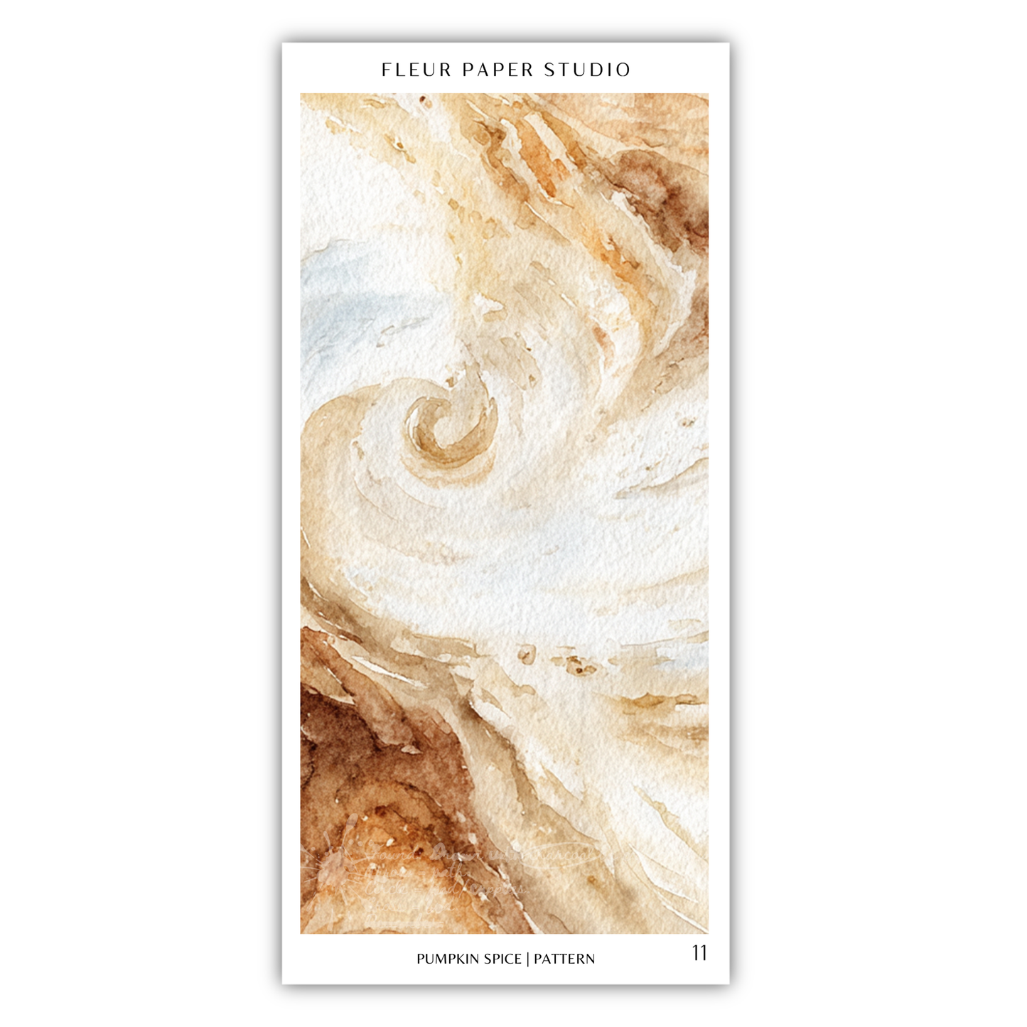 The image is a watercolor painting of a swirling pattern in shades of brown and beige, resembling a pumpkin spice pattern.