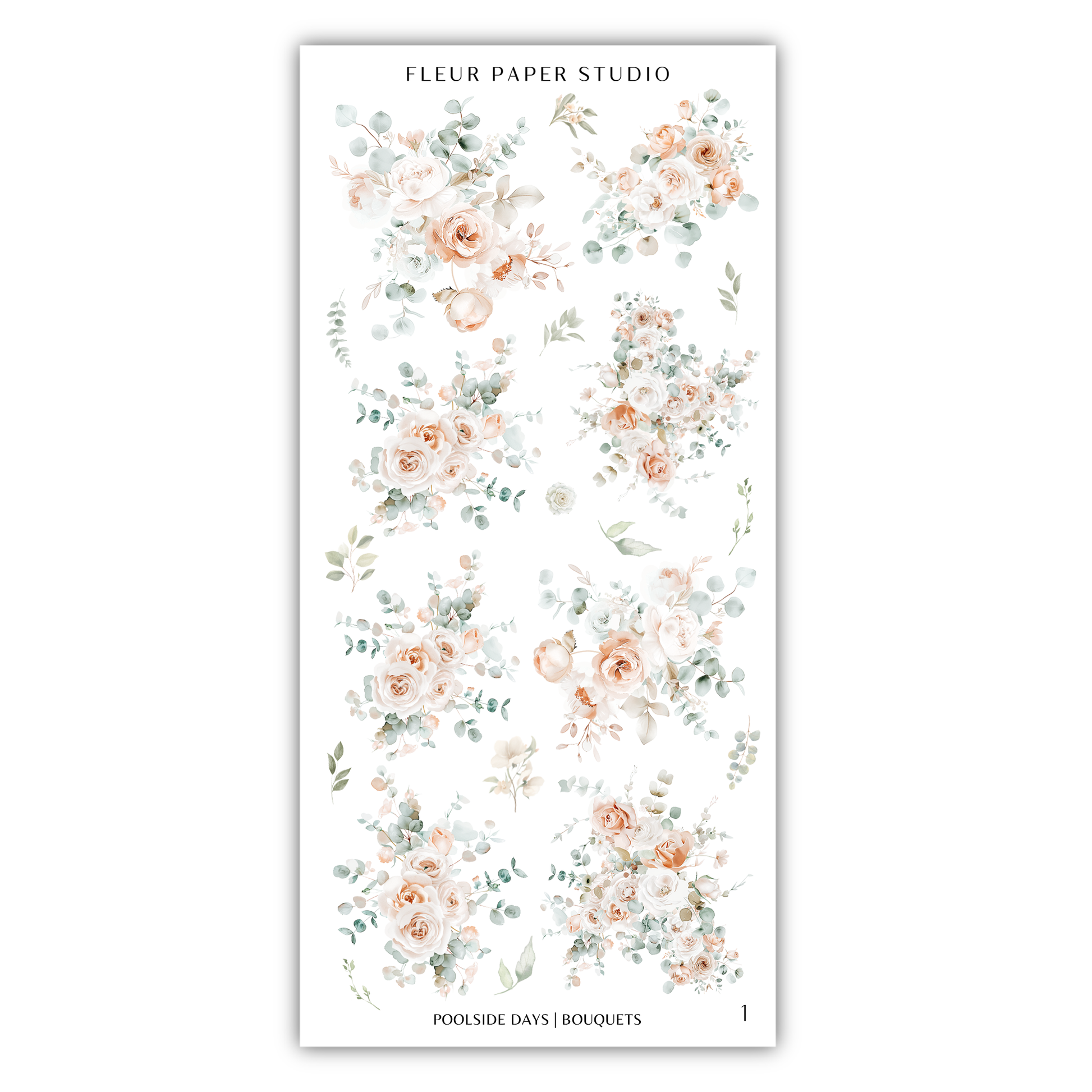 a collection of floral designs, including various types of flowers and leaves, arranged in a visually appealing manner.