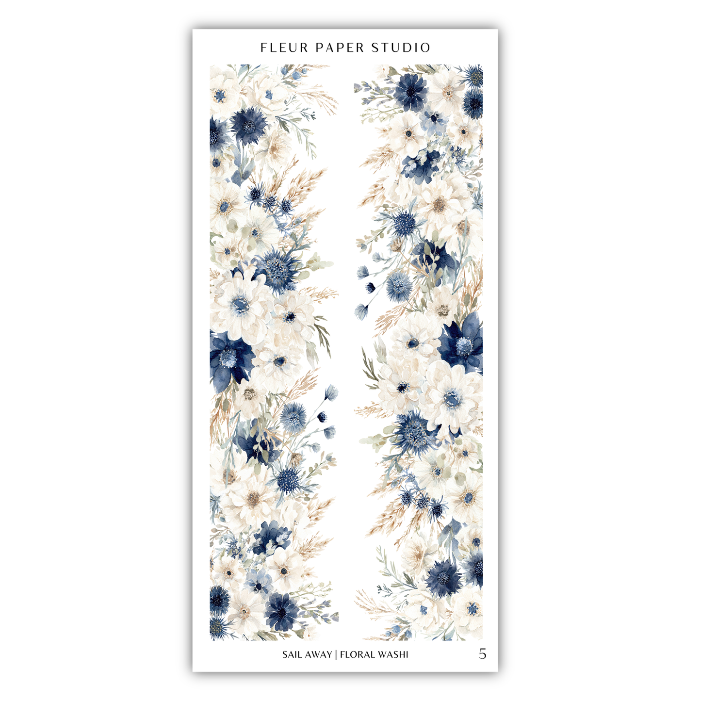 a floral pattern with blue and white flowers arranged in a vertical orientation.
