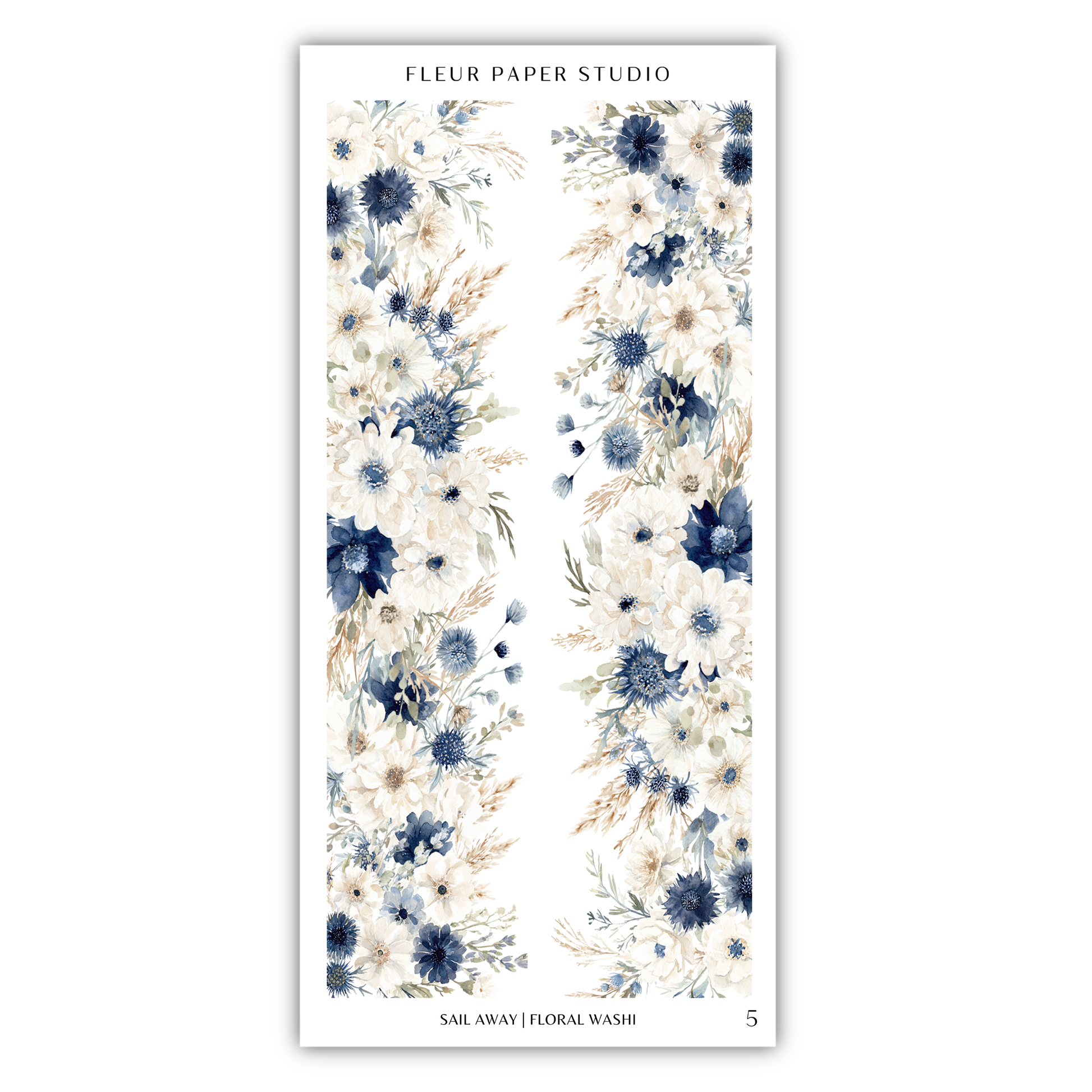 a floral pattern with blue and white flowers arranged in a vertical orientation.