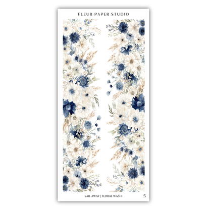 a floral pattern with blue and white flowers arranged in a vertical orientation.