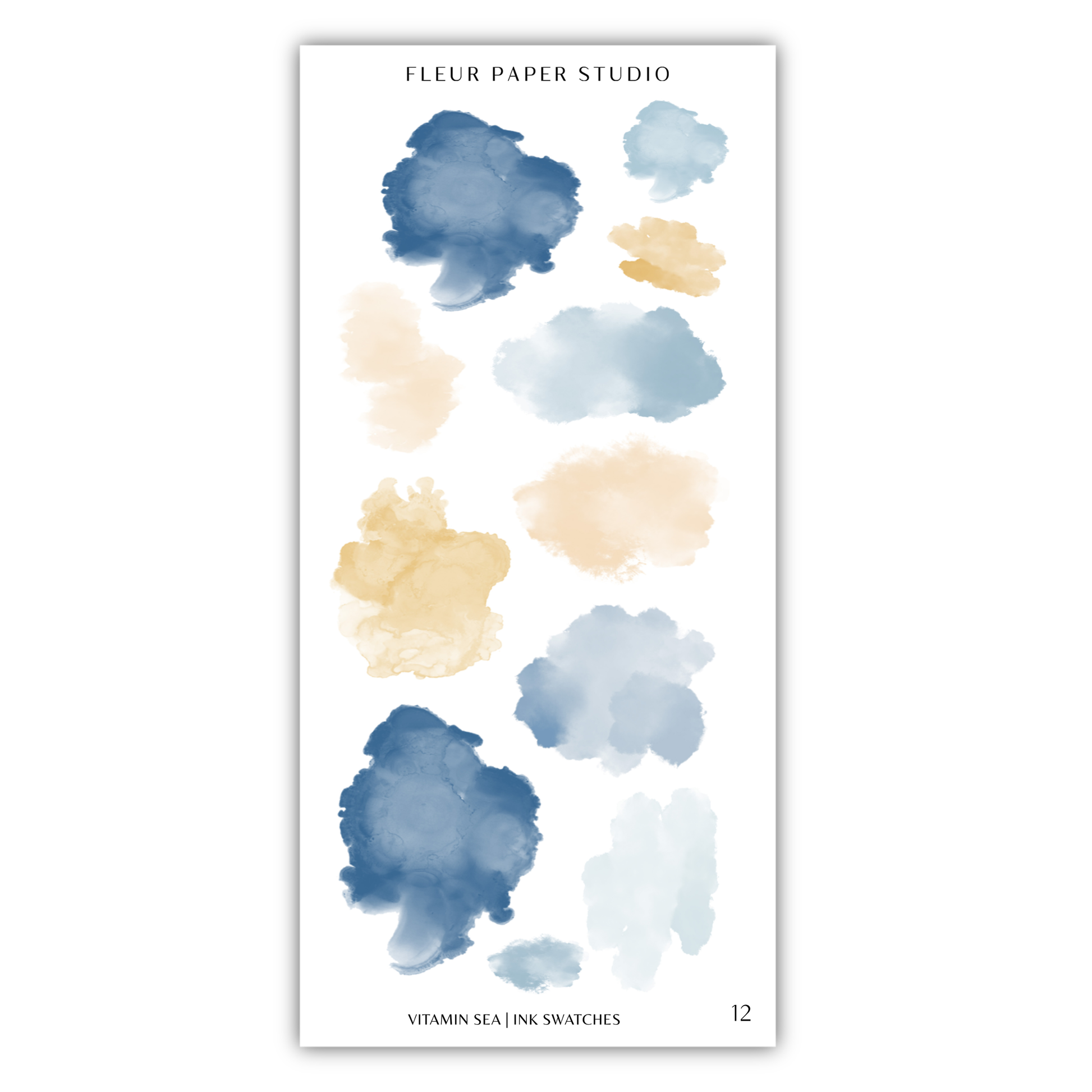 a collection of abstract watercolor brush strokes in various shades of blue, yellow, and light blue, arranged in a grid-like pattern.