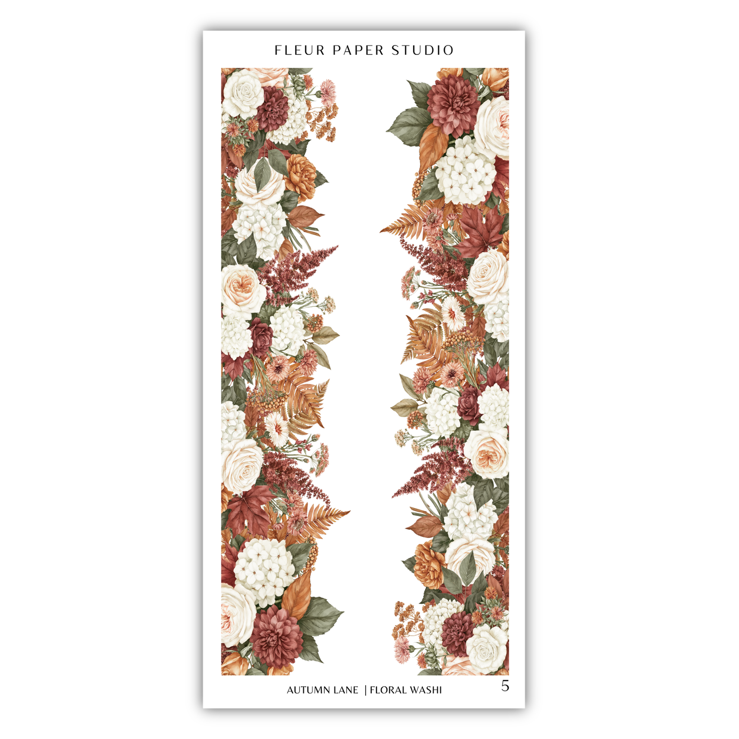 a floral arrangement with various flowers and leaves, including roses, hydrangeas, and ferns, arranged in a vertical column.