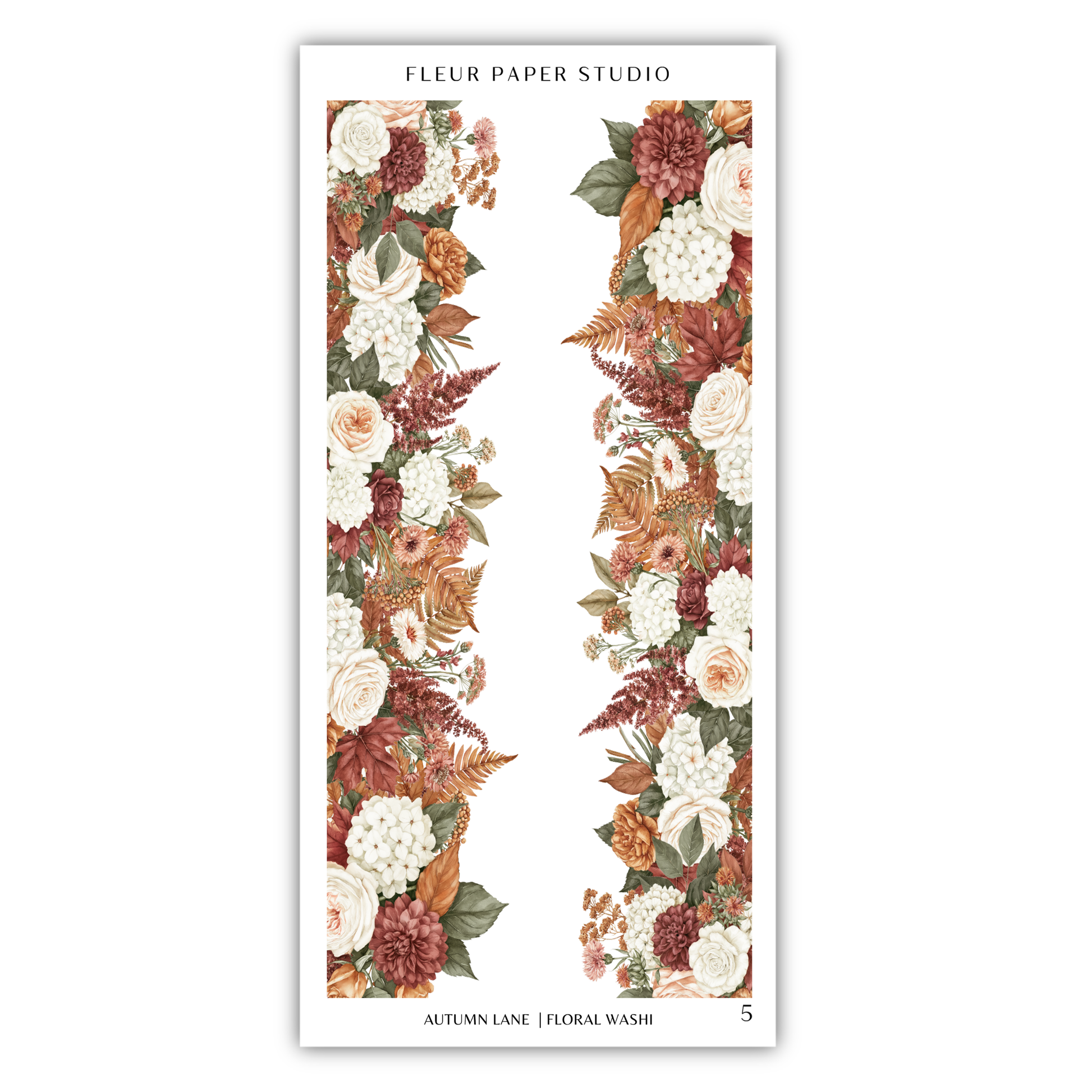 a floral arrangement with various flowers and leaves, including roses, hydrangeas, and ferns, arranged in a vertical column.