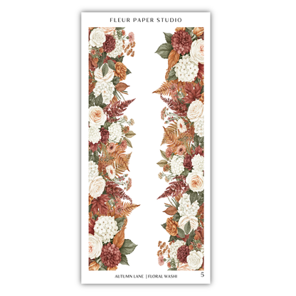 a floral arrangement with various flowers and leaves, including roses, hydrangeas, and ferns, arranged in a vertical column.