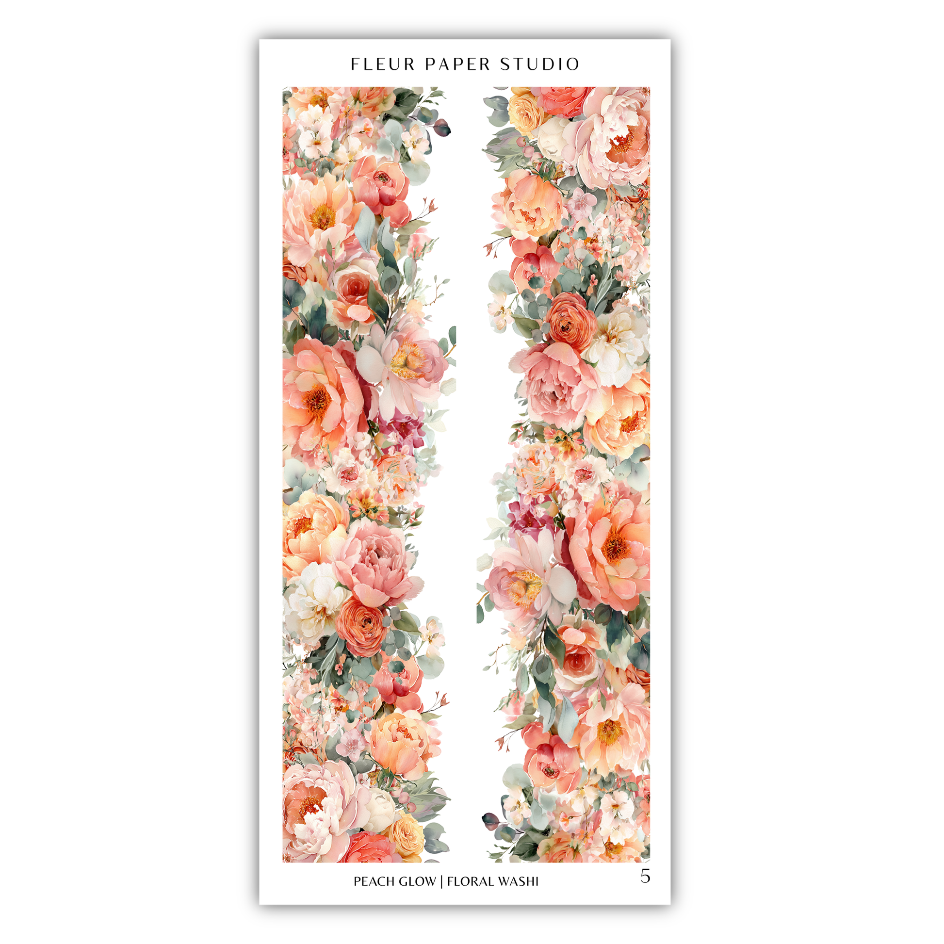 a floral design with a variety of flowers, including peonies, roses, and other blooms, arranged in a vertical pattern. The flowers are depicted in shades of peach, pink, and white, creating a vibrant and visually appealing composition. The image is a part of a collection of floral designs, as indicated by the text "Peach Glow / Floral Washi" and the number "5".