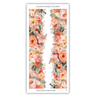 a floral design with a variety of flowers, including peonies, roses, and other blooms, arranged in a vertical pattern. The flowers are depicted in shades of peach, pink, and white, creating a vibrant and visually appealing composition. The image is a part of a collection of floral designs, as indicated by the text "Peach Glow / Floral Washi" and the number "5".