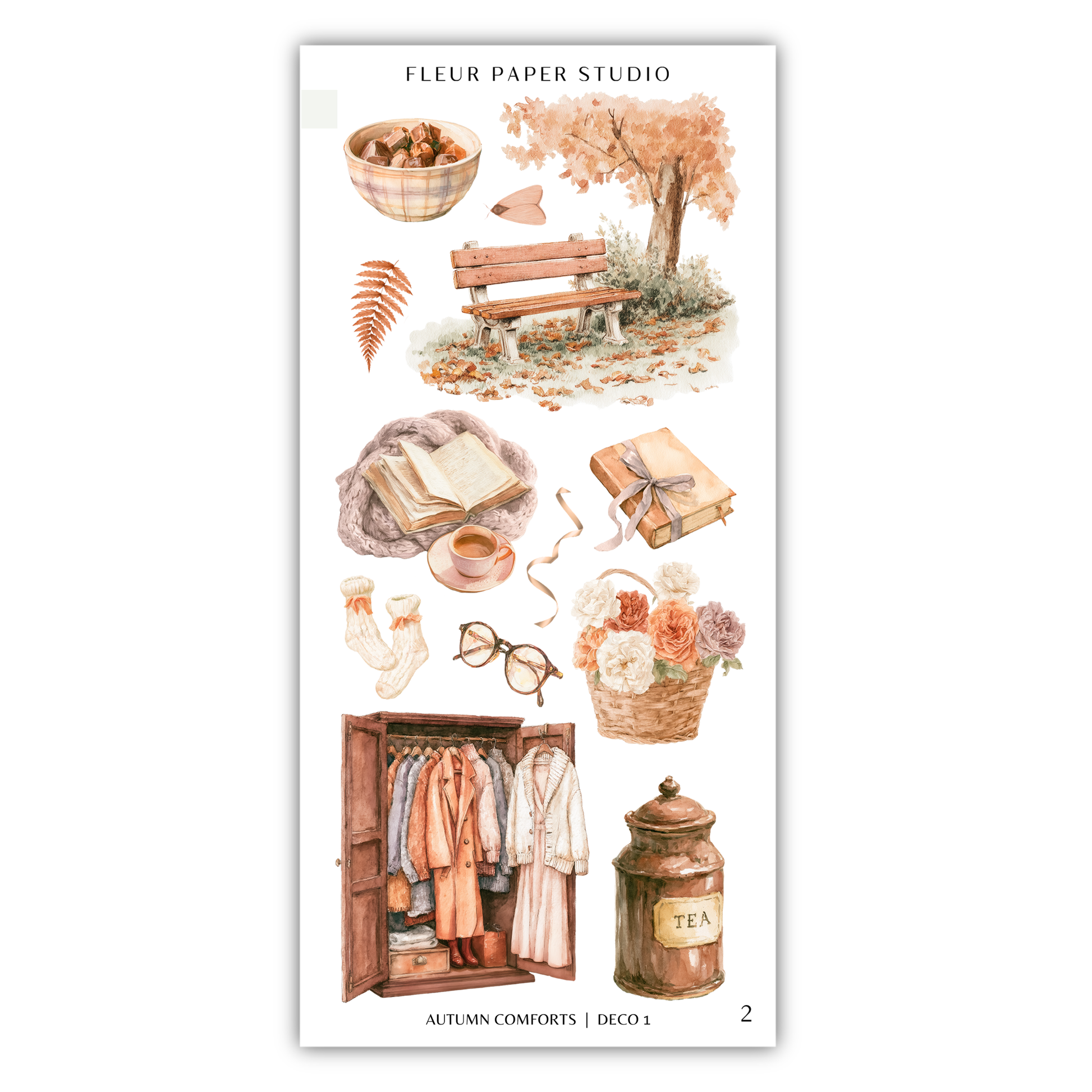 various objects and scenes related to autumn, such as a bowl of fruit, a bench, a book, a basket of flowers, a pair of glasses, a cup, a sweater, a coat, and a tea pot.