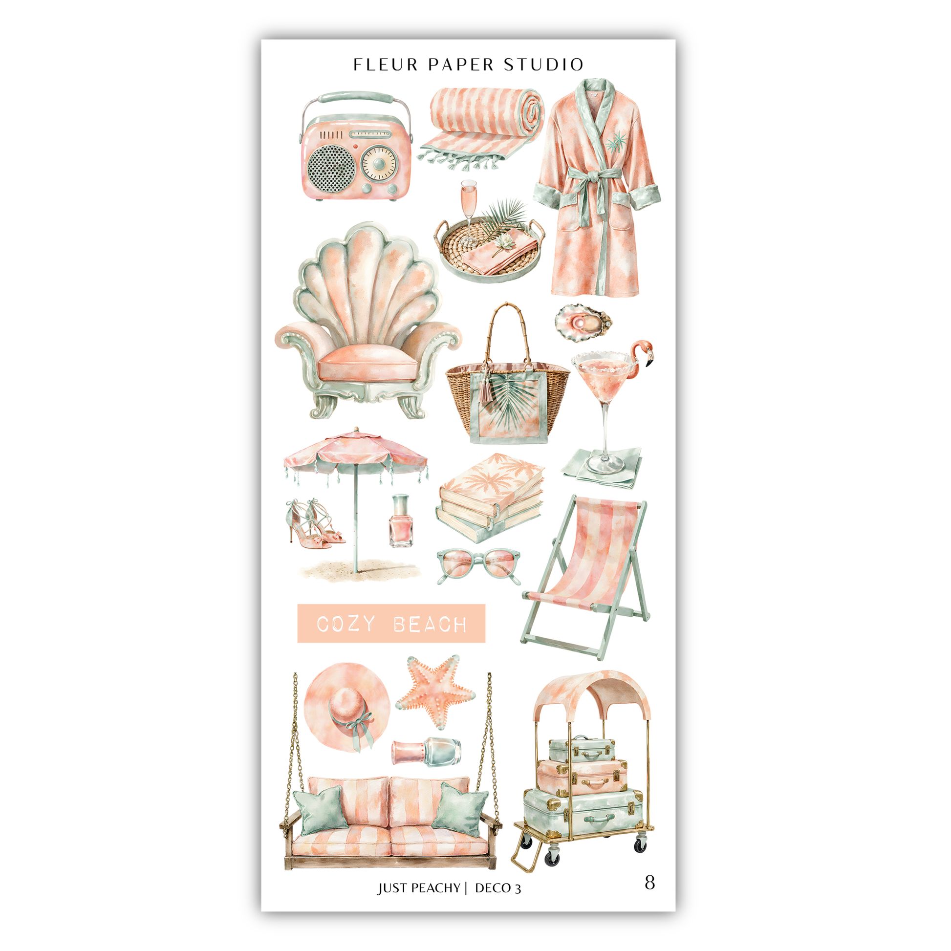 various objects and items related to a beach theme, including a radio, a robe, a chair, a towel, a basket, a cocktail glass, a beach umbrella, a beach chair, a swing, a suitcase, a hat, a starfish, and a seashell.