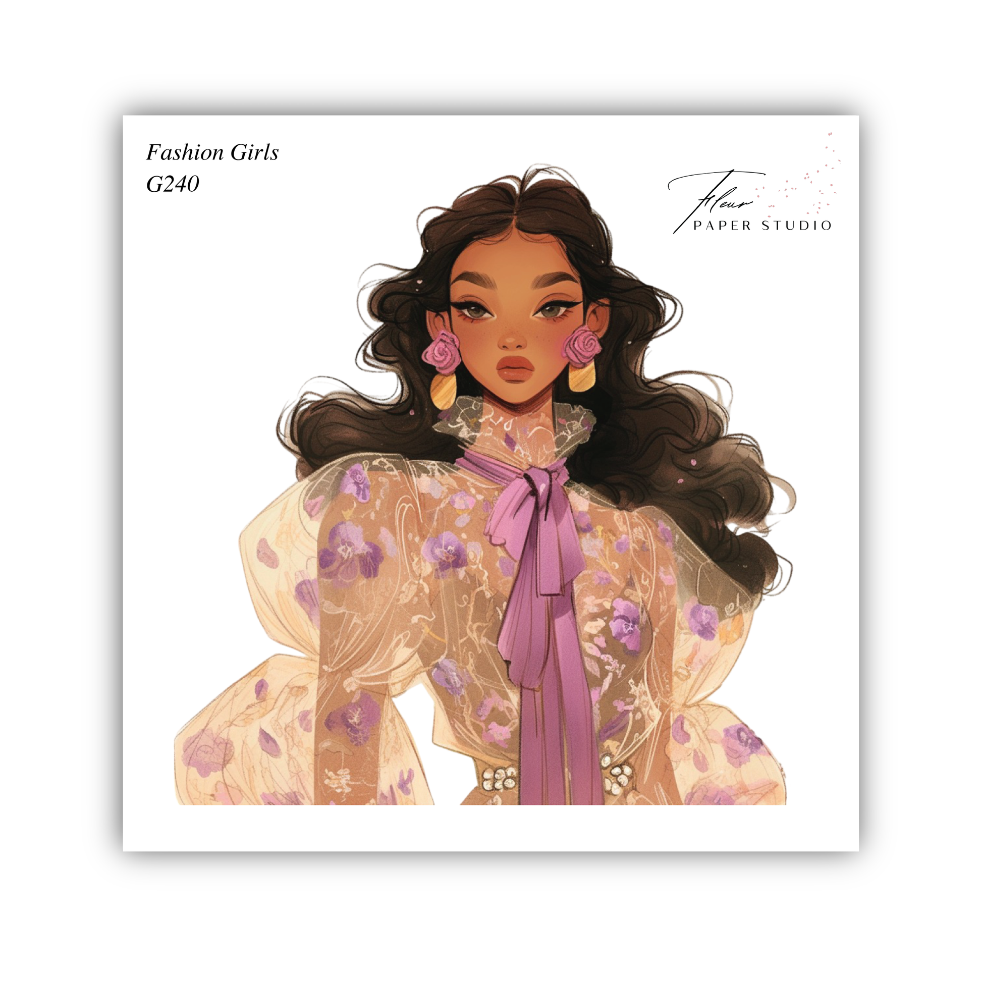 The image is a fashion illustration featuring a woman with long, dark hair wearing a floral print dress and large earrings.